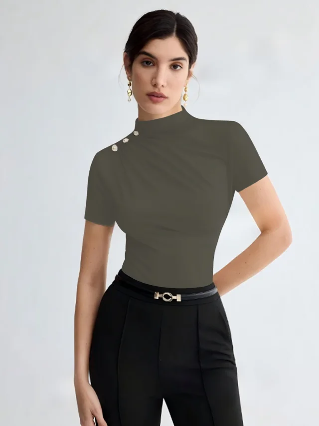 Women's Summer Solid Color Elegant Pleated Short Sleeves T shirt Gray - Shop at LoveMi