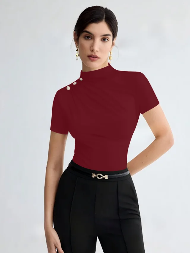 Women's Summer Solid Color Elegant Pleated Short Sleeves T shirt Wine Red - Shop at LoveMi