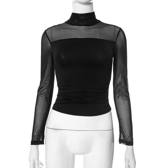 Half Turtleneck Gauzy Stitching T shirt Top Black - Shop at LoveMi