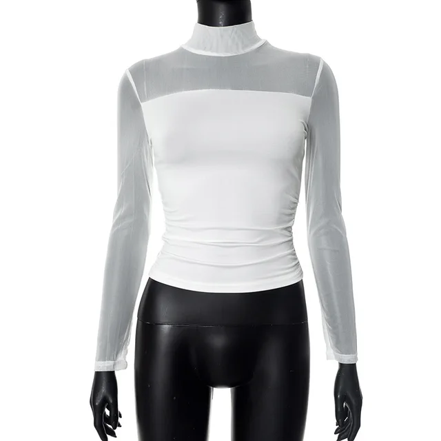 Half Turtleneck Gauzy Stitching T shirt Top White - Shop at LoveMi