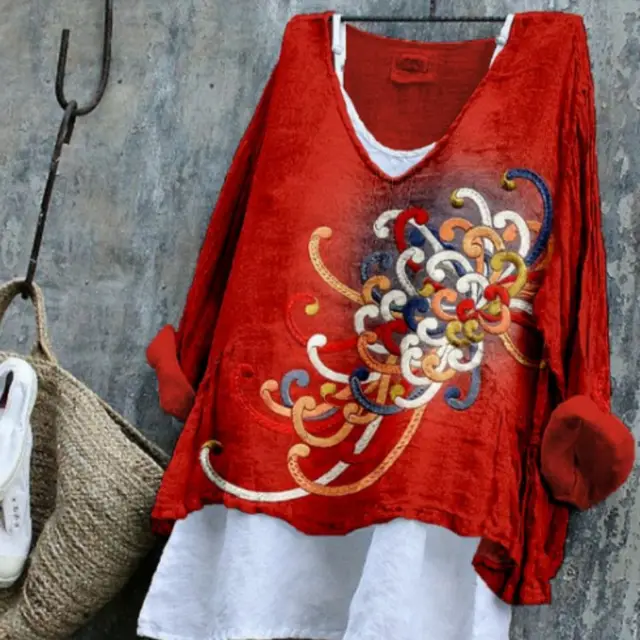 Red Spider Lily Linen Blend Long sleeve Top Red - Shop at LoveMi