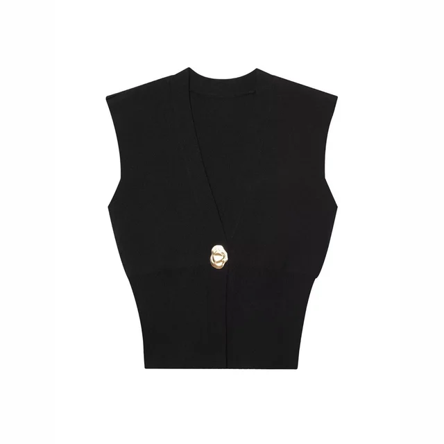 V neck Knitted Vest Top With One Button Black - Shop at LoveMi