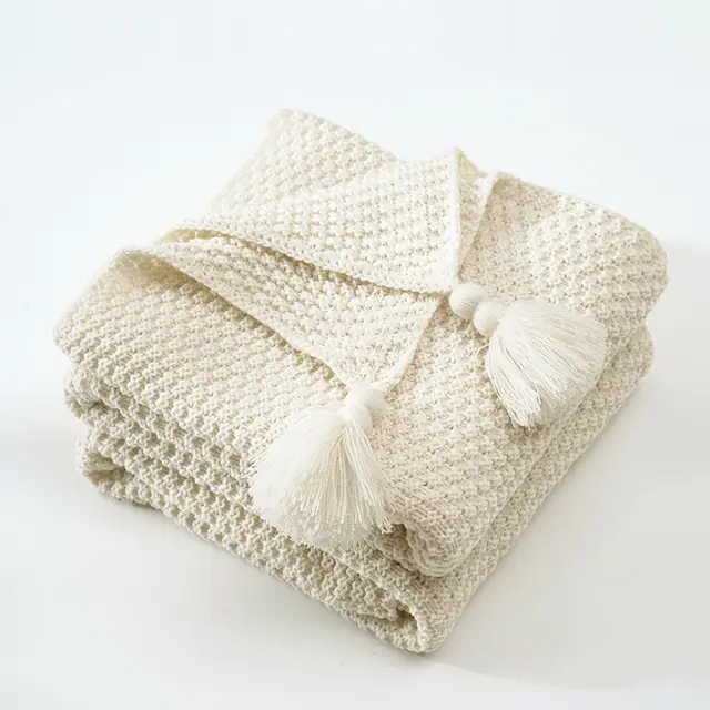 Nordic Tassel Knitted Woolen Yarn Ball Cover Blanket Beige - Shop at LoveMi