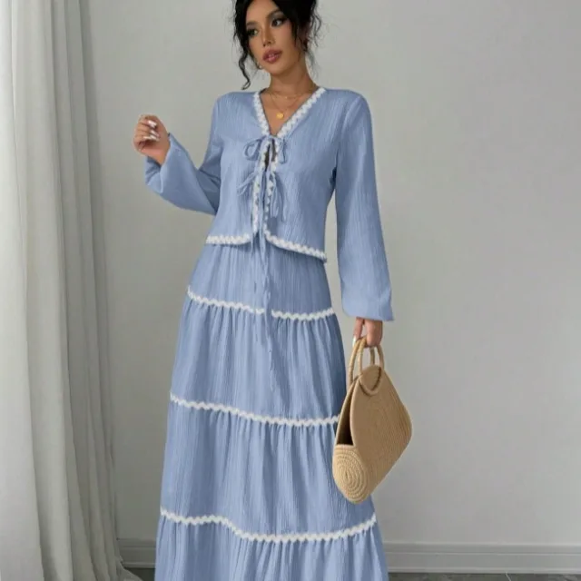 Lace Layered Pleated Lantern Sleeve Bow Shirt And Skirt Suit Women Light Blue - Shop at LoveMi