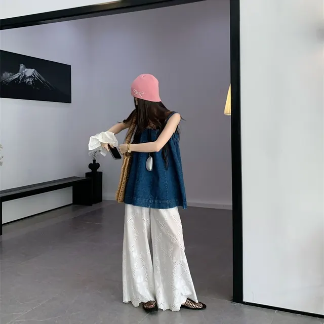 Denim Top Loose All match Lace Wide Leg Pants Fashion Suit Pants - Shop at LoveMi