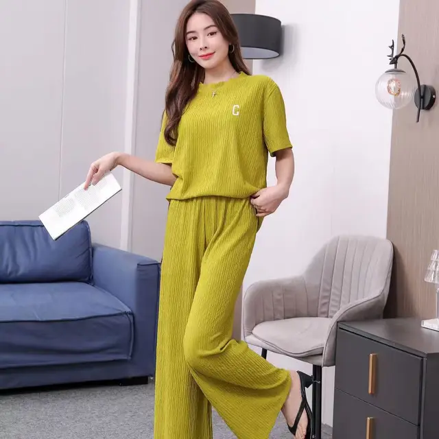Women's Spring And Summer Letters Thin Embroidery Homewear Suit Green - Shop at LoveMi