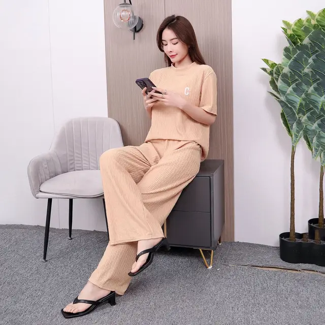 Women's Spring And Summer Letters Thin Embroidery Homewear Suit Red Apricot - Shop at LoveMi