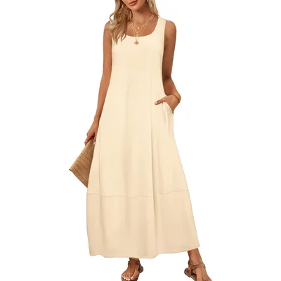 Solid Color Pocket Sleeveless Casual Holiday Dress Apricot Beige - Shop at LoveMi