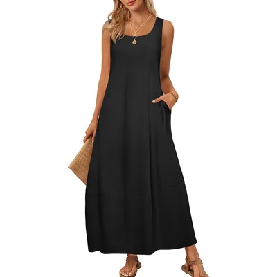 Solid Color Pocket Sleeveless Casual Holiday Dress Black - Shop at LoveMi