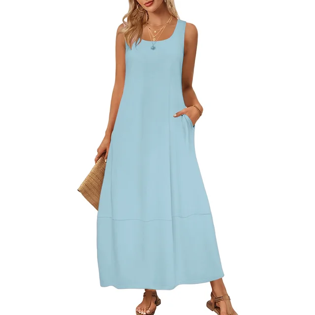 Solid Color Pocket Sleeveless Casual Holiday Dress Light Blue - Shop at LoveMi