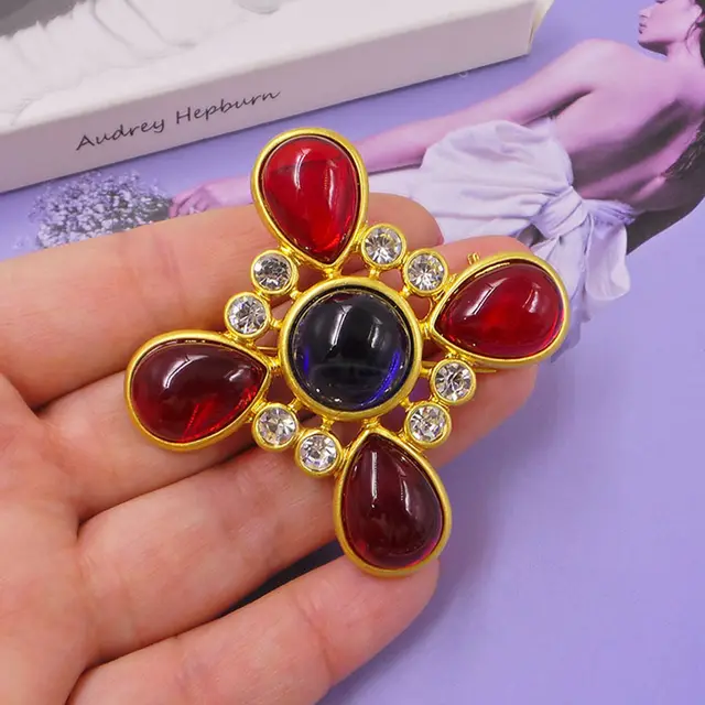 Classic Medieval Baroque Cross Crystal Brooch Vintage Style 5 - Shop at LoveMi