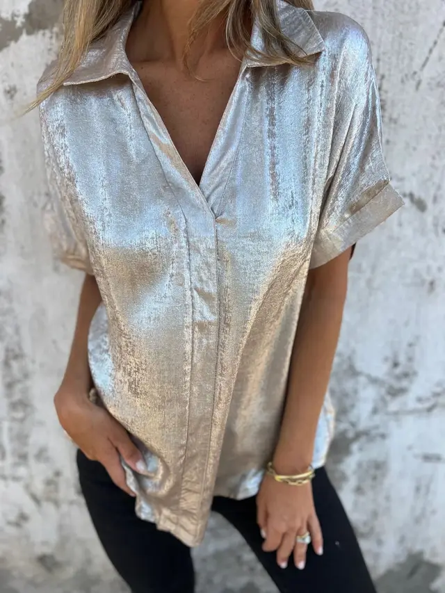 Women's Solid Color Casual Loose Bronzing Short sleeved Lapel Shirt Gold - Shop at LoveMi