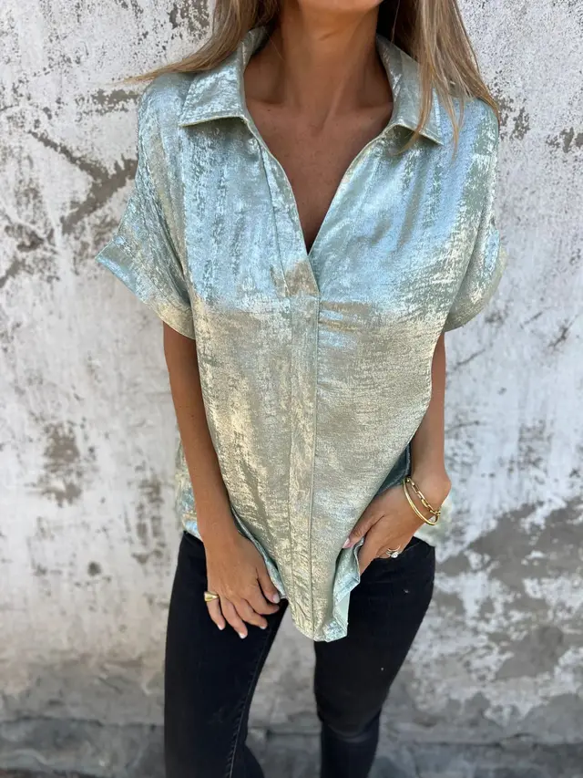 Women's Solid Color Casual Loose Bronzing Short sleeved Lapel Shirt Light Green - Shop at LoveMi