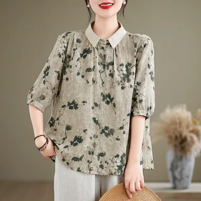 Women's Short sleeved Shirt Cotton And Linen Style Top Picture Color - Shop at LoveMi