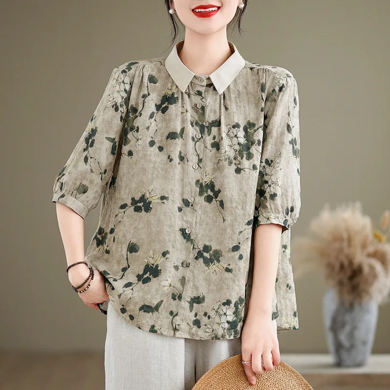Women's Short sleeved Shirt Cotton And Linen Style Top - Shop at LoveMi