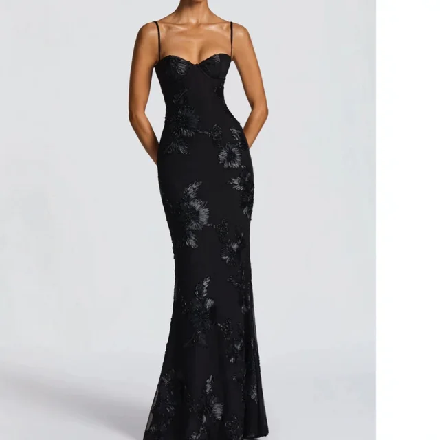 Flower decorated Evening Dress High end Banquet Elegant Slimming Black - Shop at LoveMi