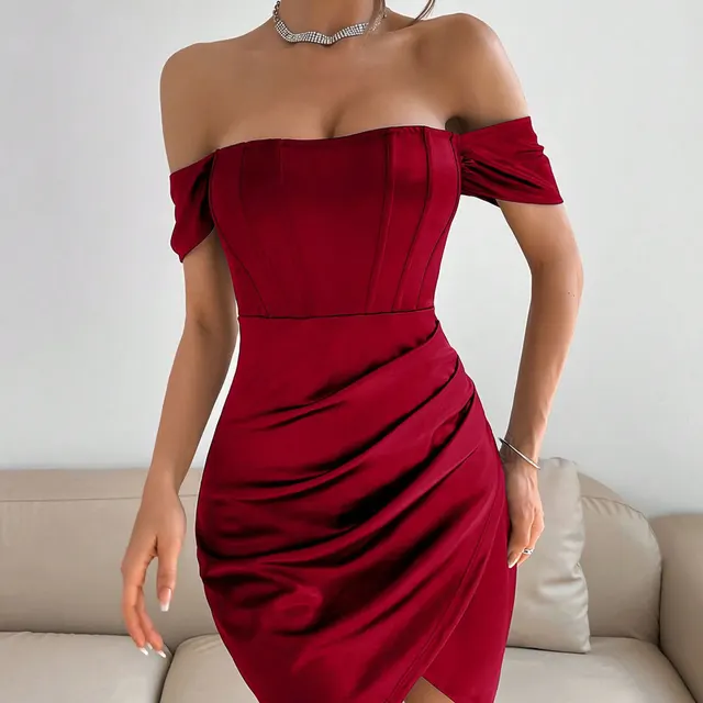 Off shoulder Collar Spring Women's Mid length Dress Dark Red - Shop at LoveMi