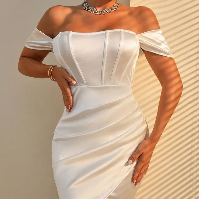 Off shoulder Collar Spring Women's Mid length Dress White - Shop at LoveMi