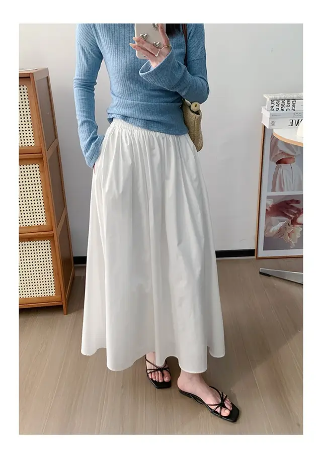 Elastic Waist Design Mid length All matching Skirt White - Shop at LoveMi
