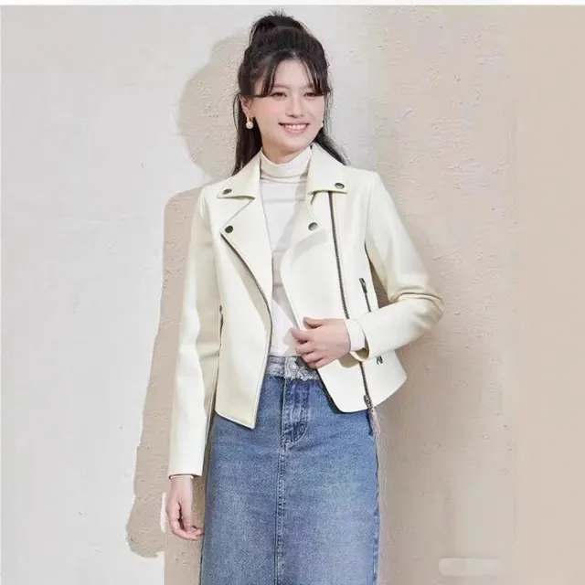 Women's Pu Motorcycle Leather Short Korean Slim Fit Plus Size White - Shop at LoveMi