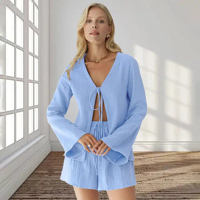 Long Sleeve Shorts Suit Cardigan Lace up Home Wear Pure Cotton Blue - Shop at LoveMi