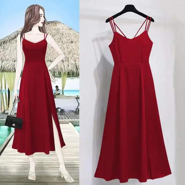 Women's Sexy Slit Mid length Korean Style Fashion Suspenders Dress Red - Shop at LoveMi
