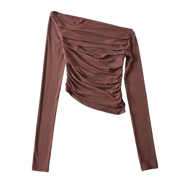 Off shoulder Off shoulder Collar Long Sleeve Bottoming Shirt Brown - Shop at LoveMi