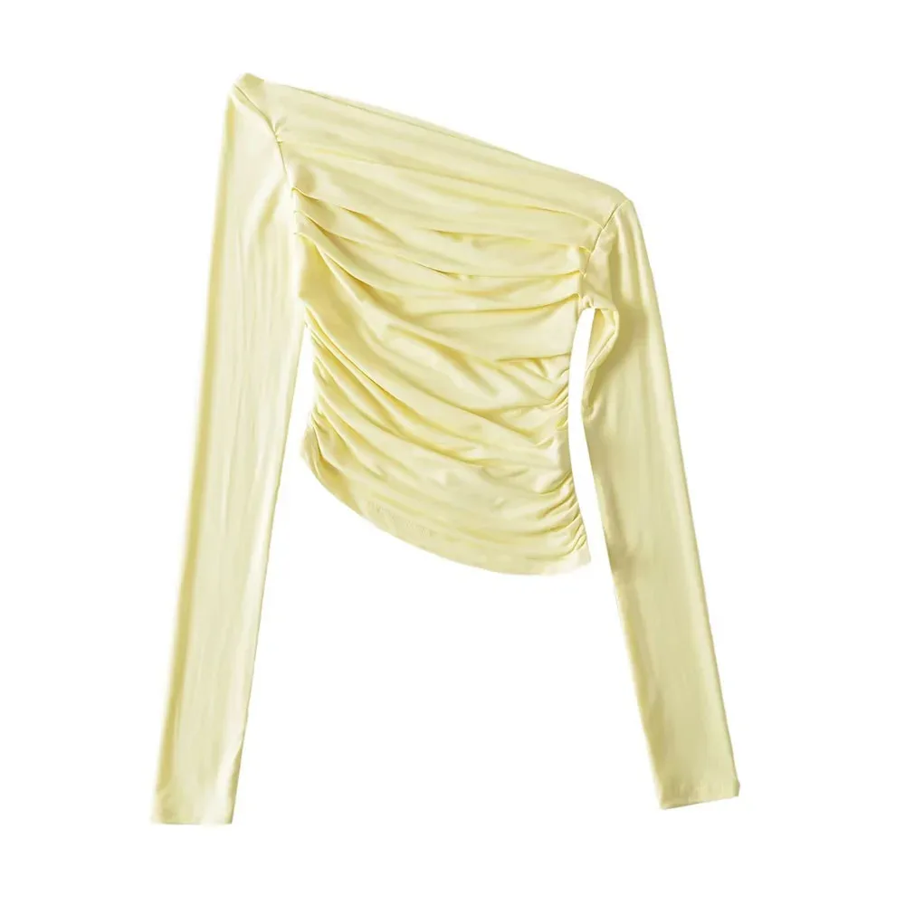 Off-shoulder Off-shoulder Collar Long Sleeve Bottoming Shirt - Yellow - View 1
