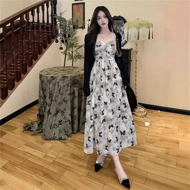 Summer French Style Gentle Pansy Sling Dress Gray Dress - Shop at LoveMi