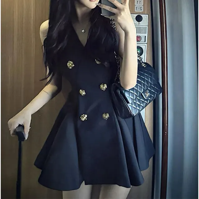 Women's V neck Tight Waist A Line Pleated Short Skirt Black - Shop at LoveMi