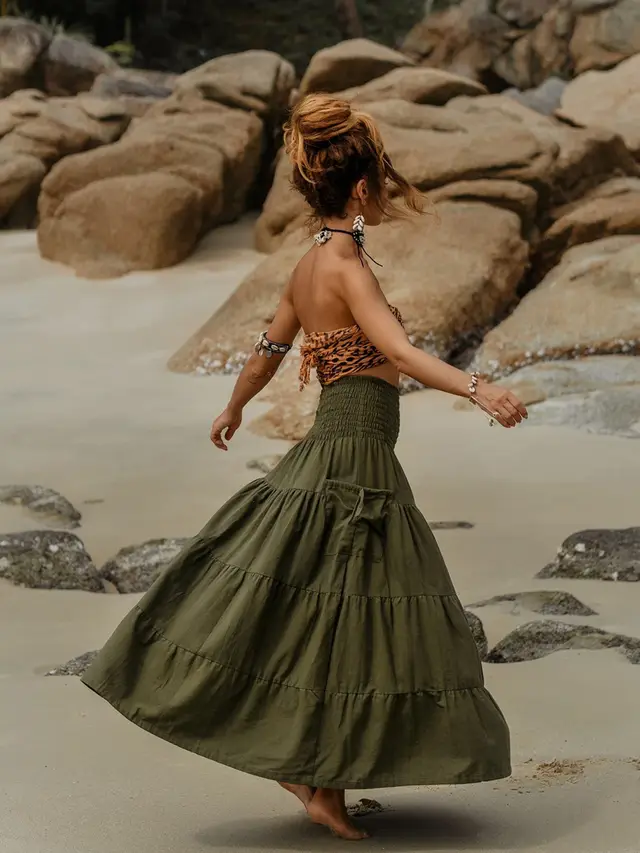 Casual Women Bohemian Loose Solid Skirt Army Green - Shop at LoveMi