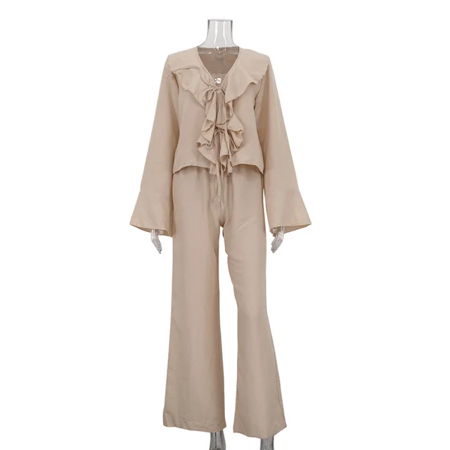 Casual Ruffles V neck Lace up Long Sleeve Top Suit Khaki - Shop at LoveMi