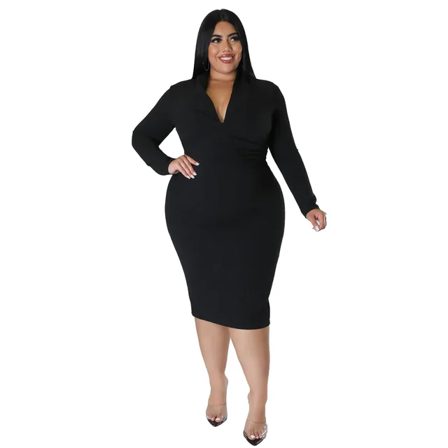 Fashion Casual Solid Color Long Sleeve Zipper V neck Dress Black - Shop at LoveMi