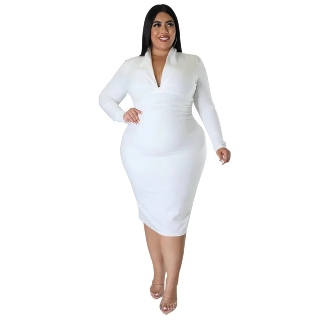 Fashion Casual Solid Color Long Sleeve Zipper V neck Dress White - Shop at LoveMi