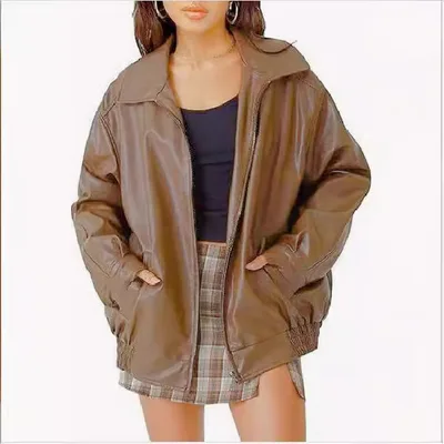 Women's Oversized Biker's Leather Jacket Fall Winter Fashion Camel - Shop at LoveMi