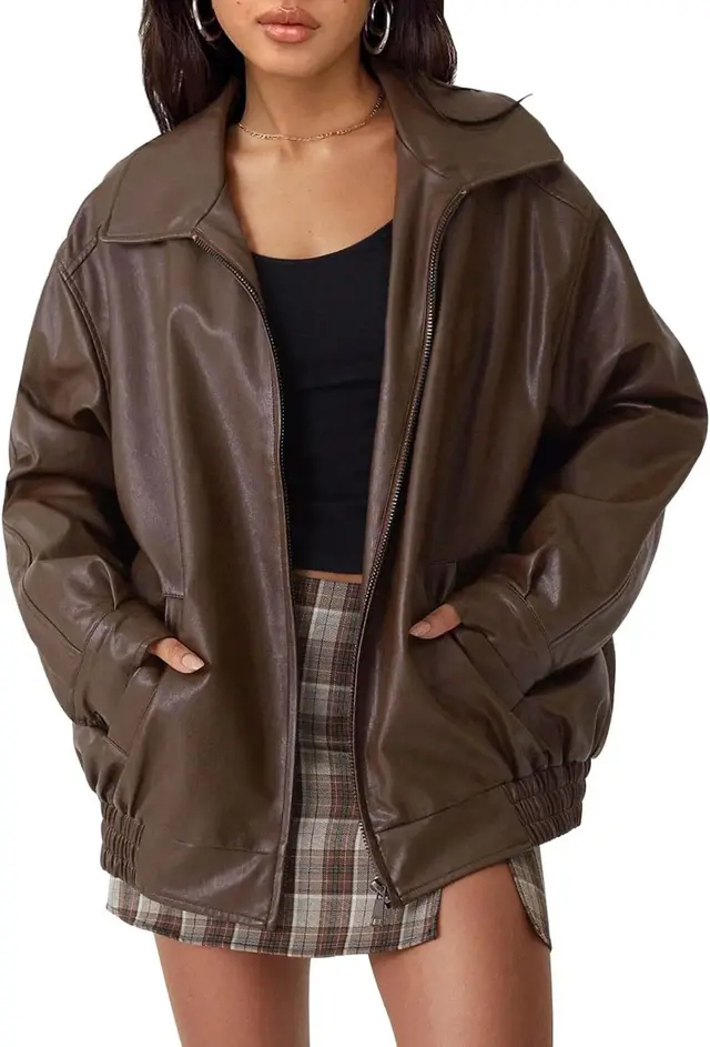 Women's Oversized Biker's Leather Jacket Fall Winter Fashion Dark Brown - Shop at LoveMi