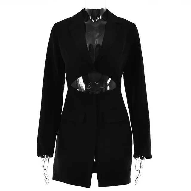 Blazer Dress Women Notched Collar Hollow Out Buttons Jacket Black - Shop at LoveMi