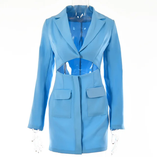 Blazer Dress Women Notched Collar Hollow Out Buttons Jacket Blue - Shop at LoveMi