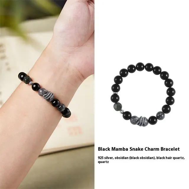 S925 Sterling Silver Retro Birth Year Obsidian Black Hair Crystal Snake Year Bracelet Black - Shop at LoveMi
