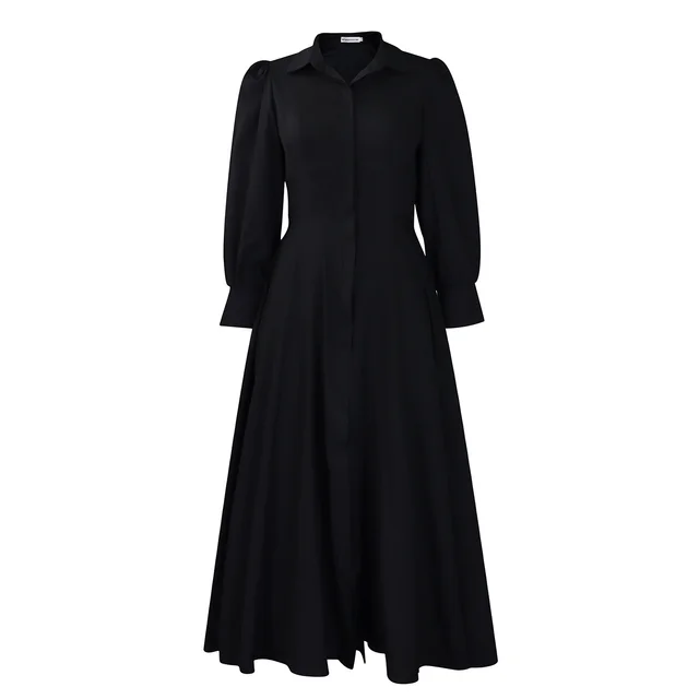 Women's Elegant Long Sleeve Big Hem Shirt Solid Color Dress Black - Shop at LoveMi