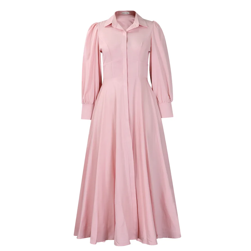 Women's Elegant Long Sleeve Big Hem Shirt Solid Colour Dress - Light Pink - View 1