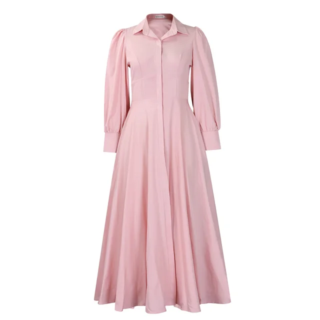Women's Elegant Long Sleeve Big Hem Shirt Solid Color Dress Light Pink - Shop at LoveMi