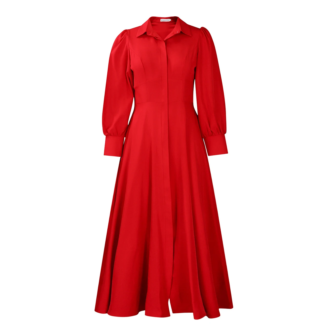 Women's Elegant Long Sleeve Big Hem Shirt Solid Color Dress - Red