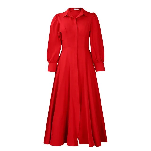 Women's Elegant Long Sleeve Big Hem Shirt Solid Color Dress Red - Shop at LoveMi