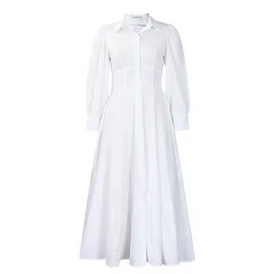 Women's Elegant Long Sleeve Big Hem Shirt Solid Color Dress White - Shop at LoveMi