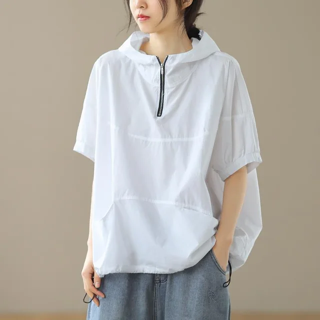 Women's Loose Casual Hooded Zipper Short Sleeve White - Shop at LoveMi