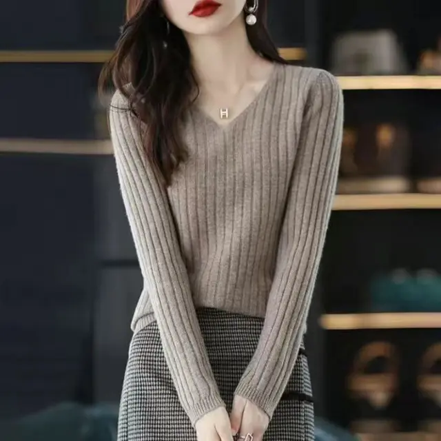 Slim V neck Pullover Long Sleeve Knitted Sweater Camel - Shop at LoveMi