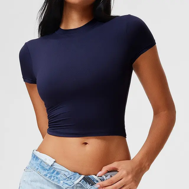 Casual Sports T shirt Women's Slim Fit And Quick drying Nude Feel Fitness Short Dark Blue Blue - Shop at LoveMi