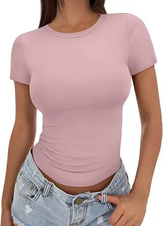 Short Sleeve Slim Fit European And American Top - Lotus Root Color
