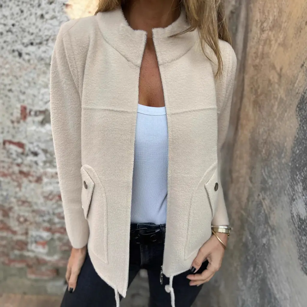 Loose Casual Simple Zipper Woolen Coat - Apricot